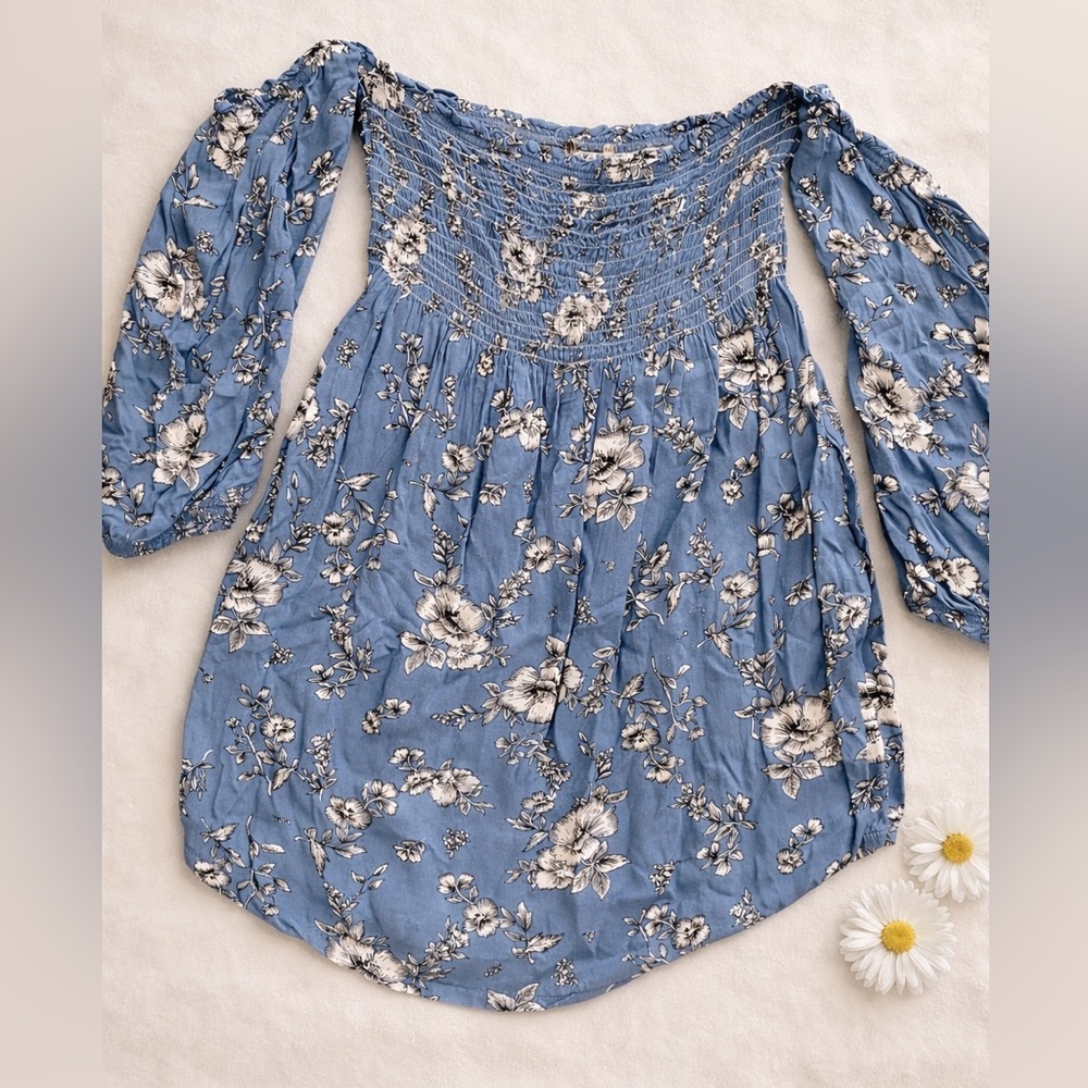 Summer long sleeve Dress Off the shoulder in blue floral